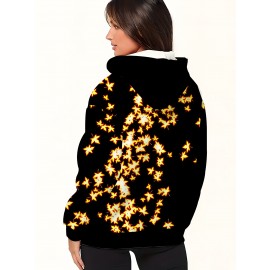 Plus Size Women'S Hooded Sweatshirt with Zipper | Solid Black with Fluorescent Maple Leaf Print, Soft Casual Long Sleeve Drawstring Jacket with Pockets - Women'S Fashion Sports Casual Wear