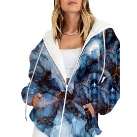 Blue And Golden Marbled Zip-Up Hoodie for Women - Features an Adjustable Drawstring, Breathable Medium-Stretch Fabric, an All-Over Marbled Design, And Is Machine Washable. Ideal for Layering in Spring And Fall, This Casual Jacket Suits Both Casual A