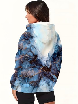 Blue And Golden Marbled Zip-Up Hoodie for Women - Features an Adjustable Drawstring, Breathable Medium-Stretch Fabric, an All-Over Marbled Design, And Is Machine Washable. Ideal for Layering in Spring And Fall, This Casual Jacket Suits Both Casual A