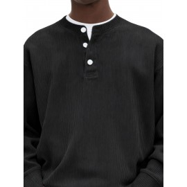 Men's Corduroy Henley Shirt| Soft Texture Classic Cut Fitted Style| Year-Round Casual Fashion Ribbed Pullover Long Sleeve Shirt for Business Trip and Networking Event Occasions| Structured Wear