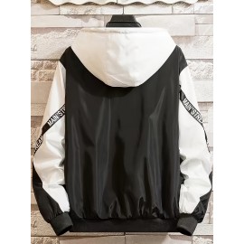 Men'S Color Block Hooded Trench Coat with Red/ Contrast Sleeves & Body - Casual Modern Jacket, Geometric Pattern, Regular Fit, Adjustable Hood & Zipper Closure, Versatile Outerwear for Teens & Young Adults, All-Season Durable Coat