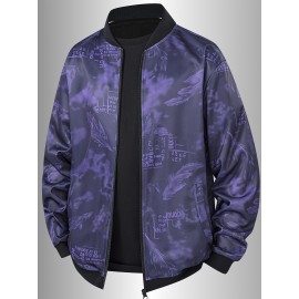 Men's Spring/Summer Baseball Collar Jacket, Lock Edge Lightweight Jacket, Knitted Polyester Braid Micro Elastic Feather Printed Jacket, Lightweight Fashion Casual Jacket, College Style Jacket