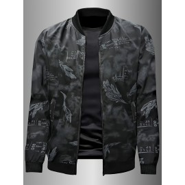 Men's Spring/Summer Baseball Collar Jacket, Lock Edge Lightweight Jacket, Knitted Polyester Braid Micro Elastic Feather Printed Jacket, Lightweight Fashion Casual Jacket, College Style Jacket