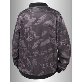 Men's Spring/Summer Baseball Collar Jacket, Lock Edge Lightweight Jacket, Knitted Polyester Braid Micro Elastic Feather Printed Jacket, Lightweight Fashion Casual Jacket, College Style Jacket