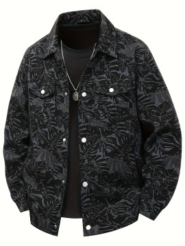 [Tropical Corduroy Jacket] Corduroy Men's Casual Jacket with Tropical Leaf Pattern | Multi-Pocket, Button-Up, All-Season Wear, Everyday Outerwear