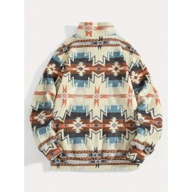 Men's -Lined Abstract Ethnic Print Stand Collar Sweatshirt Jacket - Soft Fabric, Relaxed Drop Shoulder Sleeves, Versatile Kangaroo Pocket Design, Warm Autumn/Winter Top | Street Style Trend | Comfortable Casual Autumn/Winter Fashion Versatile