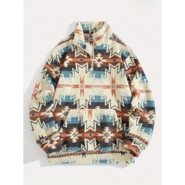 Men's -Lined Abstract Ethnic Print Stand Collar Sweatshirt Jacket - Soft Fabric, Relaxed Drop Shoulder Sleeves, Versatile Kangaroo Pocket Design, Warm Autumn/Winter Top | Street Style Trend | Comfortable Casual Autumn/Winter Fashion Versatile