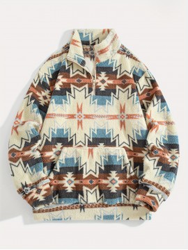Men's -Lined Abstract Ethnic Print Stand Collar Sweatshirt Jacket - Soft Fabric, Relaxed Drop Shoulder Sleeves, Versatile Kangaroo Pocket Design, Warm Autumn/Winter Top | Street Style Trend | Comfortable Casual Autumn/Winter Fashion Versatile