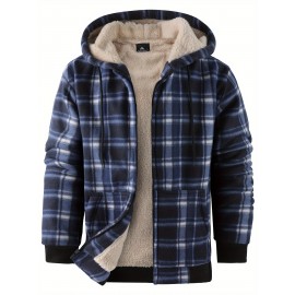 Trendy Hooded Plaid Jacket for Men, Perfect for Autumn And Winter, Made with Fleece And Durable Fabric