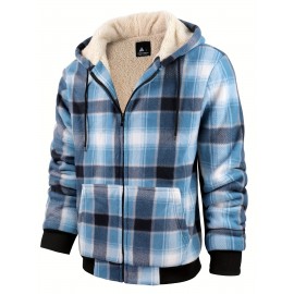 Trendy Hooded Plaid Jacket for Men, Perfect for Autumn And Winter, Made with Fleece And Durable Fabric