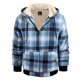 Trendy Hooded Plaid Jacket for Men, Perfect for Autumn And Winter, Made with Fleece And Durable Fabric