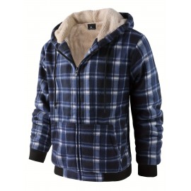 Trendy Hooded Plaid Jacket for Men, Perfect for Autumn And Winter, Made with Fleece And Durable Fabric