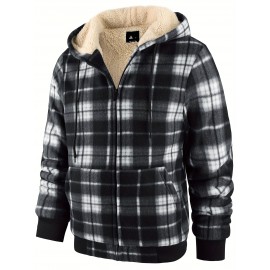 Trendy Hooded Plaid Jacket for Men, Perfect for Autumn And Winter, Made with Fleece And Durable Fabric