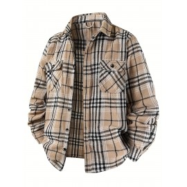 Autumn-Winter Men's Fashion Flannel Shirt with Turn- Collar and Button Plaid Shirt Jacket, Long Sleeve Warm with Pockets, Suitable for Casual Outings