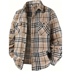 Autumn-Winter Men's Fashion Flannel Shirt with Turn- Collar and Button Plaid Shirt Jacket, Long Sleeve Warm with Pockets, Suitable for Casual Outings