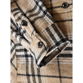 Autumn-Winter Men's Fashion Flannel Shirt with Turn- Collar and Button Plaid Shirt Jacket, Long Sleeve Warm with Pockets, Suitable for Casual Outings
