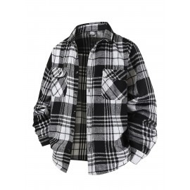Autumn-Winter Men's Fashion Flannel Shirt with Turn- Collar and Button Plaid Shirt Jacket, Long Sleeve Warm with Pockets, Suitable for Casual Outings