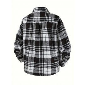 Autumn-Winter Men's Fashion Flannel Shirt with Turn- Collar and Button Plaid Shirt Jacket, Long Sleeve Warm with Pockets, Suitable for Casual Outings