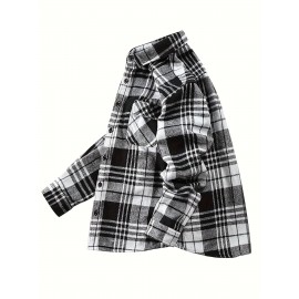 Autumn-Winter Men's Fashion Flannel Shirt with Turn- Collar and Button Plaid Shirt Jacket, Long Sleeve Warm with Pockets, Suitable for Casual Outings