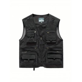 Men'S Quick-Dry Fishing Vest with Mesh Fabric & Zippered Pockets - All-Season Loose Fit Life Jacket, Machine-Washable Solid Color Outdoor Marine Clothing, Zippered Pocket Design for Easy Access, Ideal for Fishing, Boating