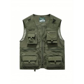 Men'S Quick-Dry Fishing Vest with Mesh Fabric & Zippered Pockets - All-Season Loose Fit Life Jacket, Machine-Washable Solid Color Outdoor Marine Clothing, Zippered Pocket Design for Easy Access, Ideal for Fishing, Boating