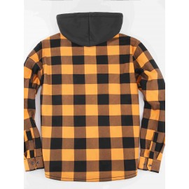 Trendy Men's Plaid Hooded Jacket - Thick Warm, Windproof & Cold-Resistant, Slim Fit, Vintage Style, Black & Red Geometric Pattern, Single-Breasted Button Front, Long Sleeve, Casual & Versatile for Winter Outings, Casual Winter Wear