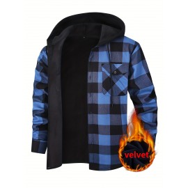 Trendy Men's Plaid Hooded Jacket - Thick Warm, Windproof & Cold-Resistant, Slim Fit, Vintage Style, Black & Red Geometric Pattern, Single-Breasted Button Front, Long Sleeve, Casual & Versatile for Winter Outings, Casual Winter Wear