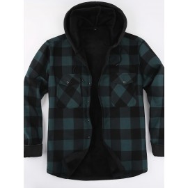 Trendy Men's Plaid Hooded Jacket - Thick Warm, Windproof & Cold-Resistant, Slim Fit, Vintage Style, Black & Red Geometric Pattern, Single-Breasted Button Front, Long Sleeve, Casual & Versatile for Winter Outings, Casual Winter Wear