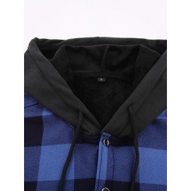 Trendy Men's Plaid Hooded Jacket - Thick Warm, Windproof & Cold-Resistant, Slim Fit, Vintage Style, Black & Red Geometric Pattern, Single-Breasted Button Front, Long Sleeve, Casual & Versatile for Winter Outings, Casual Winter Wear