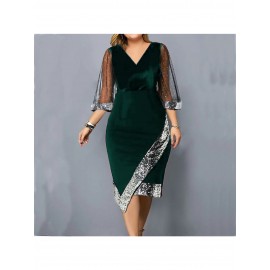Elegant Velvet Sequined Mesh Dress for Women | Large-Sized, Irregular Pattern, See-Through Design, Perfect for Parties and Weekend Casual