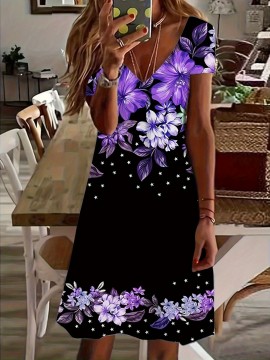 Women'S Plus Size Floral Print V-Neck Mini Dress - Casual Colorblock Design with Short Sleeves, Stretchy Polyester Blend, Perfect for Spring & Summer Outings, Floral Print Dress