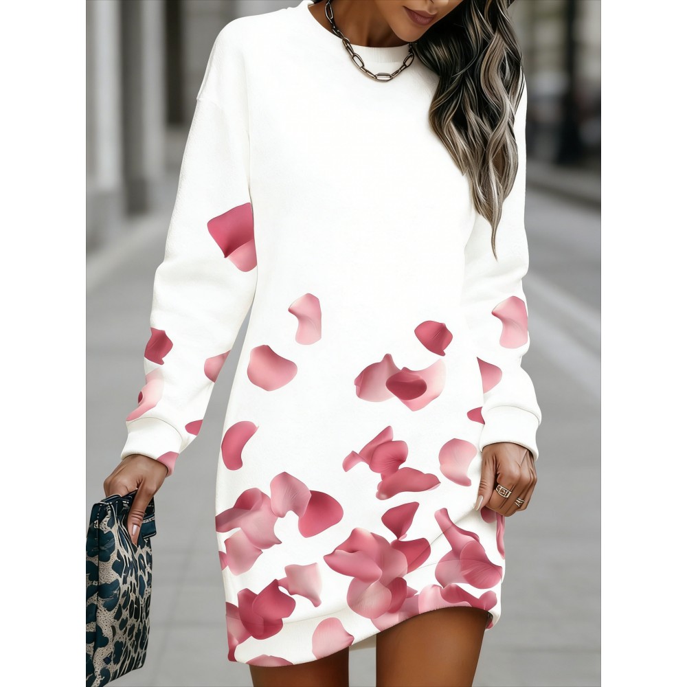 Plus Size Women'S Autumn Winter Hoodie Bodycon Dress | White Base with Pink Rose Petal Scattered Pattern, Sweet Romantic Style, Slim Fit, Long Sleeve, Pullover, Midi Length, Crew Neck, Casual Date Versatile Comfortable