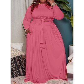 Plus Size Maxi Dress with Cutout Waist & Tie Front - Elegant Long Sleeve Wrap Front Evening Gown, Fit and Flare -Line Dress Suitable for Weddings, Parties, Prom - Solid Color Dress with Crew Neck & Slight Stretch Fabric