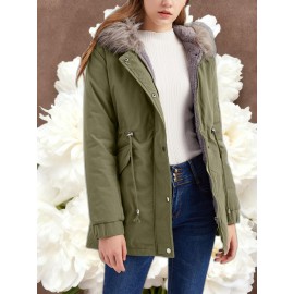 Women'S Solid Color Mid Length Hooded Winter Warm Plus Fleece Coat | Plus Size XL-5XL Windbreakers for Female, Casual Style with Zipper Front, Long Sleeve, Hooded, Non-Stretch Fabric for Outdoor Travel, Commuting, Everyday Jackets, Parka, Cardigan