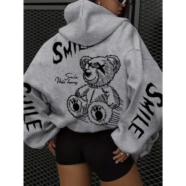 Women's Oversized Grey Bear Face & Joyful Face Full-Body Print Hooded Sweatshirt - Cute Bear Graphic Sweater, Relaxed H-Line Fit, Machine Washable Casual Streetwear for all-Season (Pullover Hoodie)