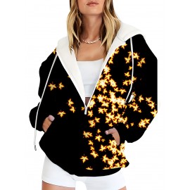 Plus Size Women'S Hooded Sweatshirt with Zipper | Solid Black with Fluorescent Maple Leaf Print, Soft Casual Long Sleeve Drawstring Jacket with Pockets - Women'S Fashion Sports Casual Wear