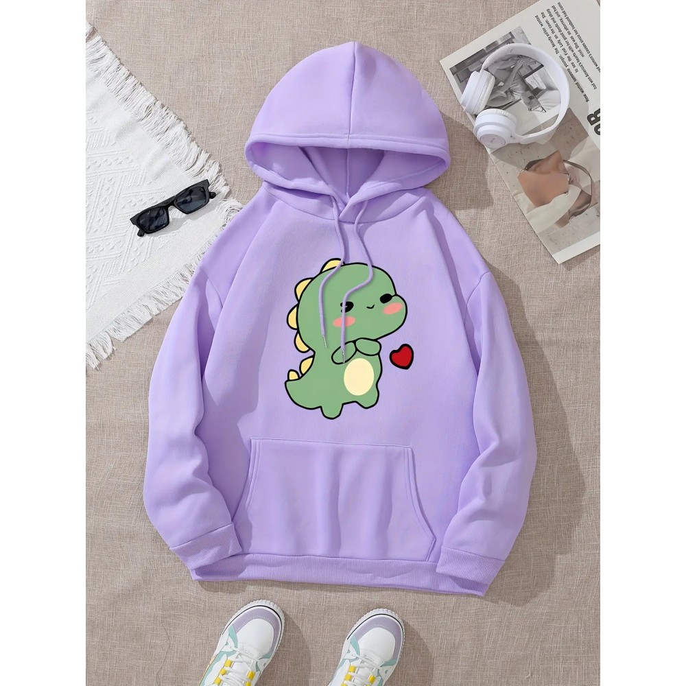 Women'S Cute Green Dinosaur & Heart Print Hoodie - Soft Long Sleeve Sweatshirt with Drawstring Hood, Cozy Casual Pullover for Autumn Winter, Cute Dinosaur Pocket Design, Regular Fit Casual Attire (Pastel Colors Available)