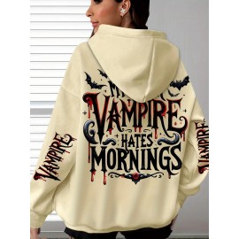{Holiday Special- Halloween} Plus Size Comfortable Bat Letter Halloween Print Hoodie- Soft Casual Long Sleeve, Comfortable Women's Plus Size Daily Wear Clothing
