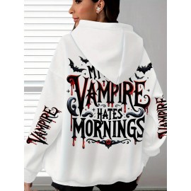 {Holiday Special- Halloween} Plus Size Comfortable Bat Letter Halloween Print Hoodie- Soft Casual Long Sleeve, Comfortable Women's Plus Size Daily Wear Clothing