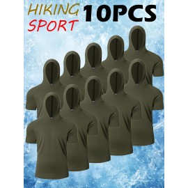 10-Pack Men'S Storm-Ready Hooded Tees | PolyMicro Mesh Tech, Crew Neck, Breathable Performance Shirts for Gym, Running, Hiking - Moisture-Wicking