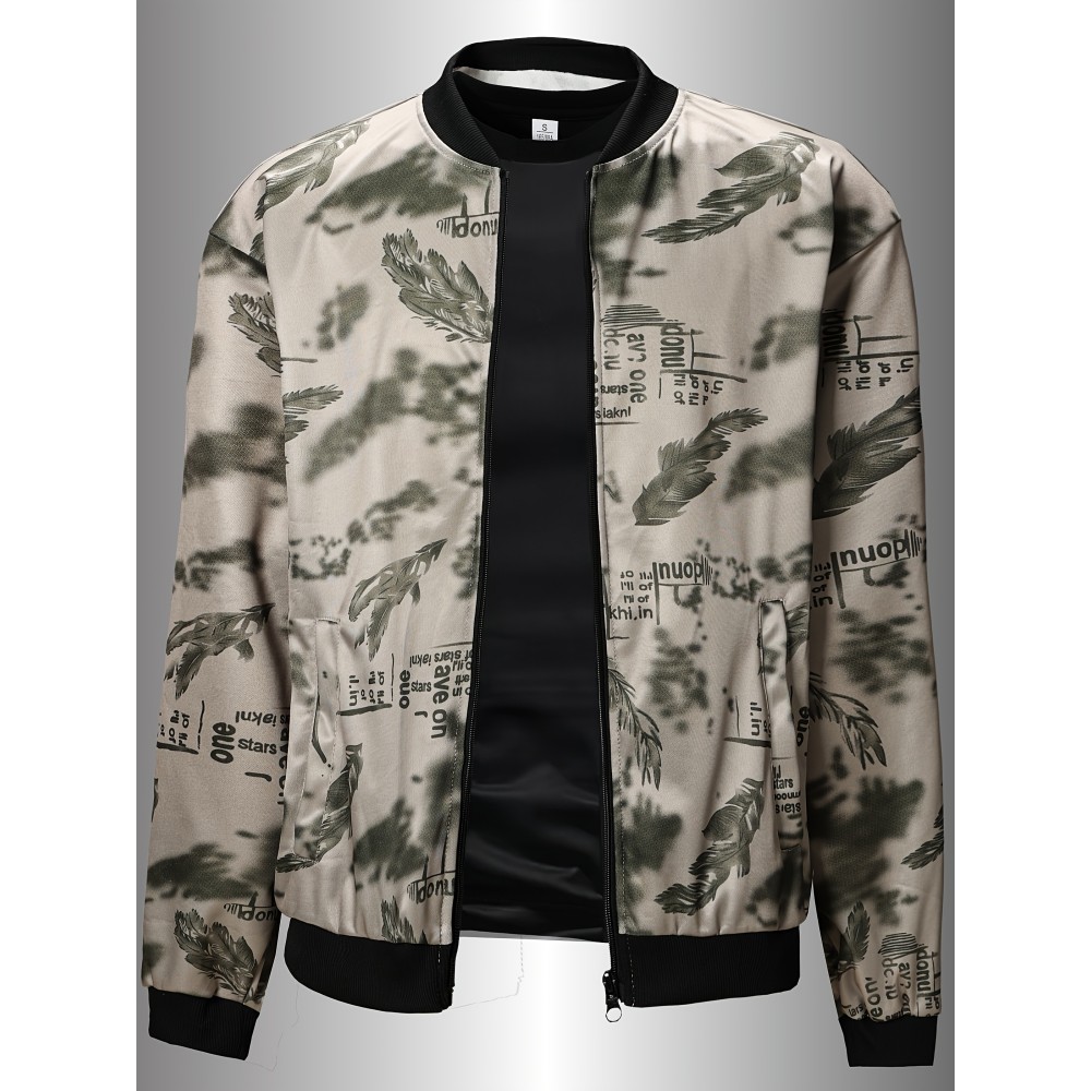 Men's Spring/Summer Baseball Collar Jacket, Lock Edge Lightweight Jacket, Knitted Polyester Braid Micro Elastic Feather Printed Jacket, Lightweight Fashion Casual Jacket, College Style Jacket
