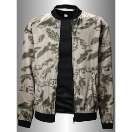Men's Spring/Summer Baseball Collar Jacket, Lock Edge Lightweight Jacket, Knitted Polyester Braid Micro Elastic Feather Printed Jacket, Lightweight Fashion Casual Jacket, College Style Jacket