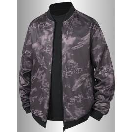 Men's Spring/Summer Baseball Collar Jacket, Lock Edge Lightweight Jacket, Knitted Polyester Braid Micro Elastic Feather Printed Jacket, Lightweight Fashion Casual Jacket, College Style Jacket
