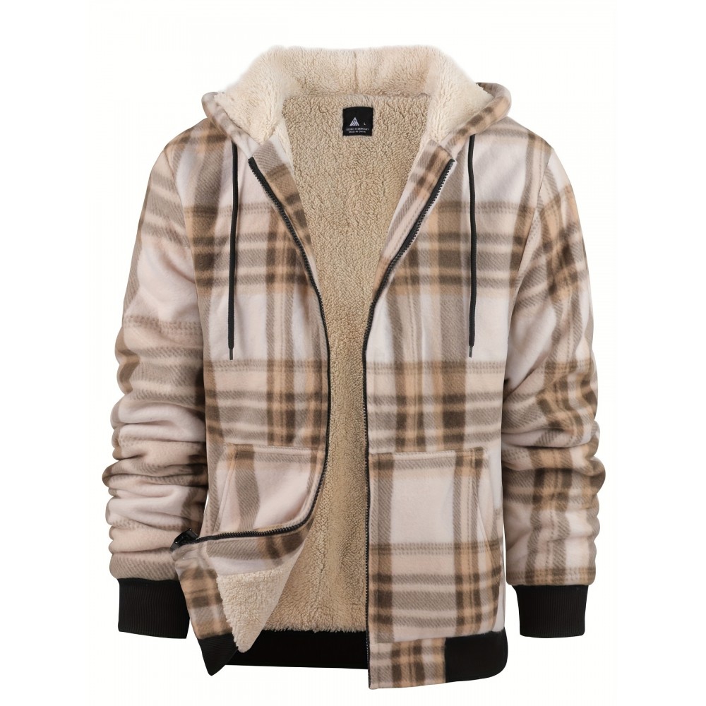 Trendy Hooded Plaid Jacket for Men, Perfect for Autumn And Winter, Made with Fleece And Durable Fabric