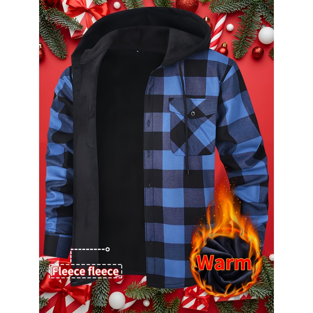 Trendy Men's Plaid Hooded Jacket - Thick Warm, Windproof & Cold-Resistant, Slim Fit, Vintage Style, Black & Red Geometric Pattern, Single-Breasted Button Front, Long Sleeve, Casual & Versatile for Winter Outings, Casual Winter Wear