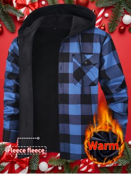 Trendy Men's Plaid Hooded Jacket - Thick Warm, Windproof & Cold-Resistant, Slim Fit, Vintage Style, Black & Red Geometric Pattern, Single-Breasted Button Front, Long Sleeve, Casual & Versatile for Winter Outings, Casual Winter Wear