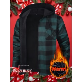 Trendy Men's Plaid Hooded Jacket - Thick Warm, Windproof & Cold-Resistant, Slim Fit, Vintage Style, Black & Red Geometric Pattern, Single-Breasted Button Front, Long Sleeve, Casual & Versatile for Winter Outings, Casual Winter Wear